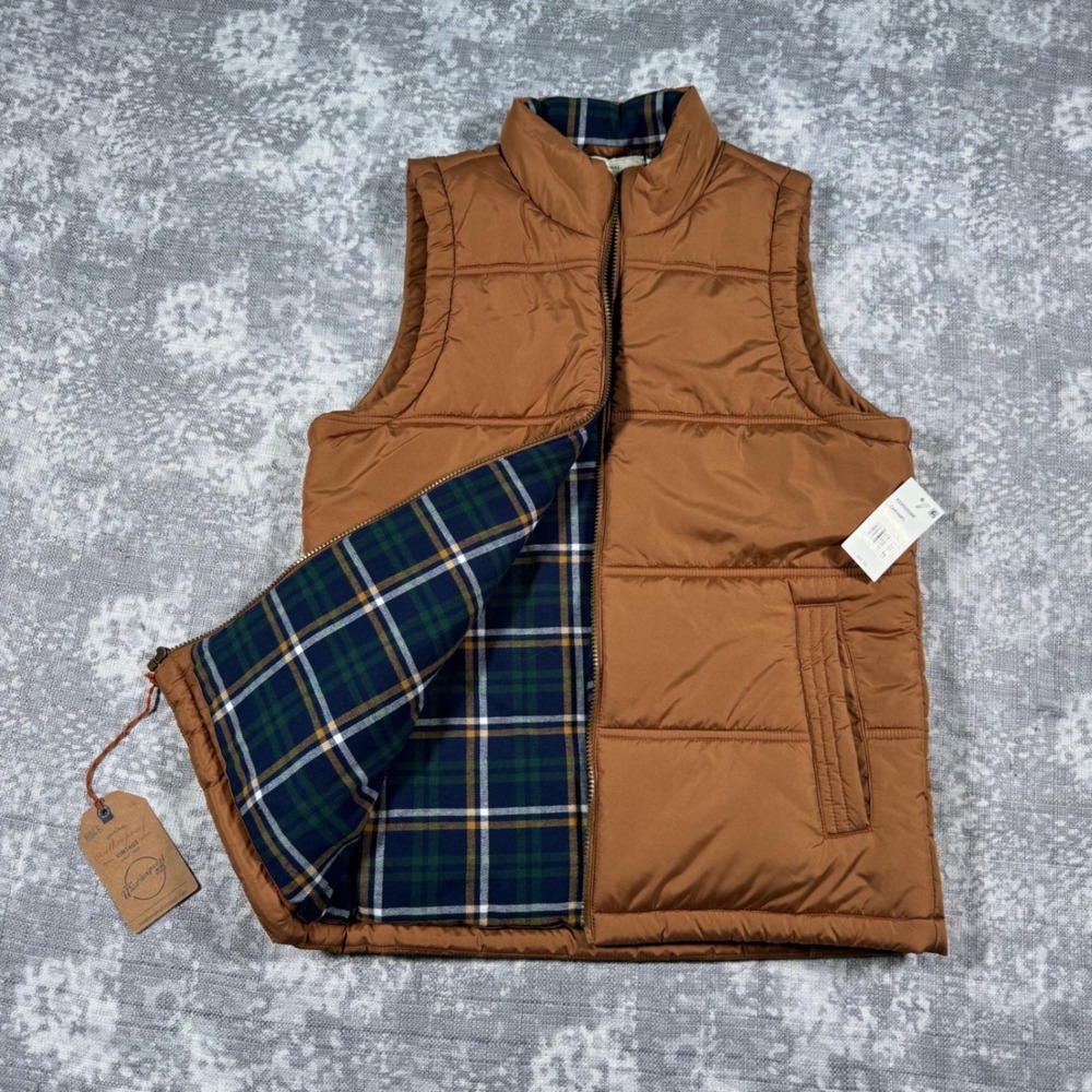 Weatherproof Vintage Puffer Vest Men Small Caramel Brown Plaid Lined Quilted $85
